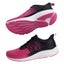 A pair of athletic running shoes shown from two angles: a top view showing the sole and a side profile showing the side panel. The shoes feature a vibrant pink and black gradient upper, black laces, a thick white midsole, and a pink and black outsole.