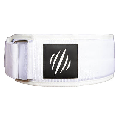 White belt with a black square patch featuring a logo on a white background