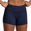 Navy blue athletic shorts worn by a person on a gray background