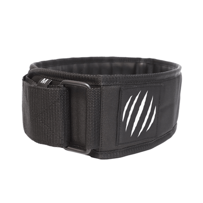 Black lifting belt with a logo on a white background