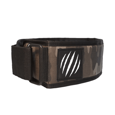 Camouflage-patterned belt with a logo on a white background