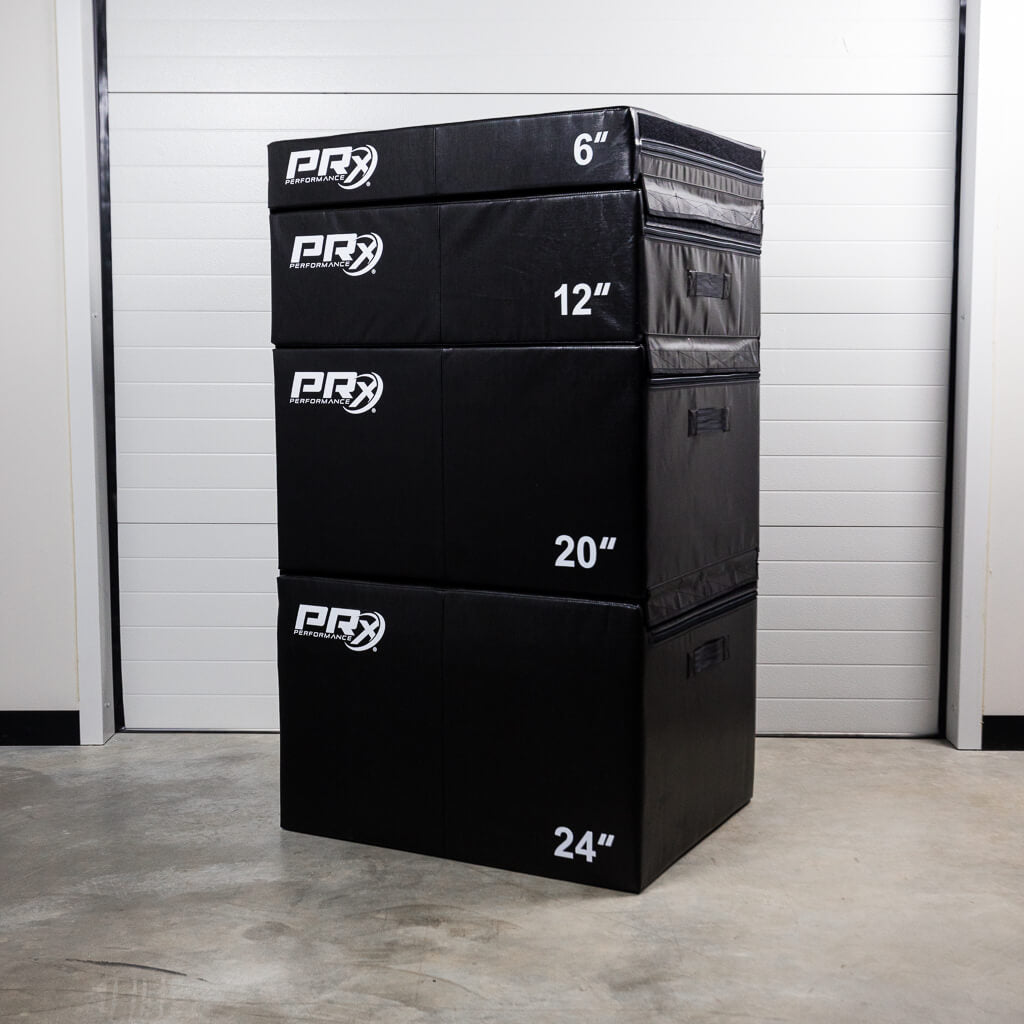 PRx Stackable Soft-Sided Plyo Box - all four boxes stacked and connected: 24" on the bottom, then 20" box, 12" box, and 6" box.