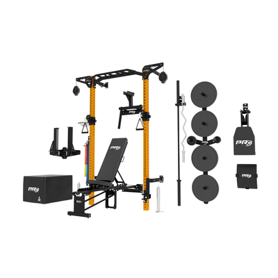 Gym equipment set including a power rack, bench, weight plates, and other accessories on a white background.