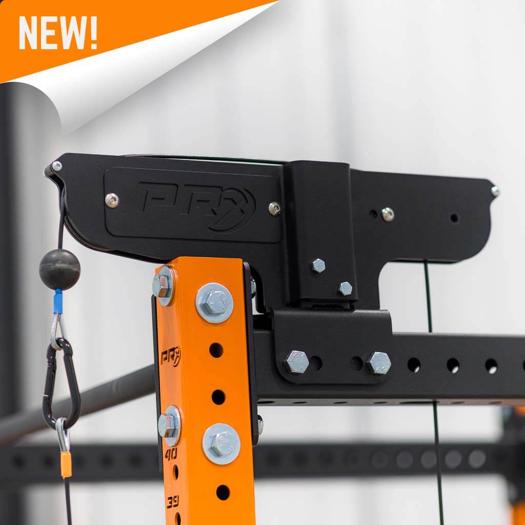 Close up of high pulley portion of ripcord mounted on top of orange rack.