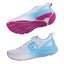 White running shoes with blue and pink accents on a gray background