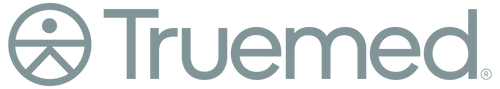 The Truemed brand logo in gray, featuring a circular emblem with a stylized human figure and the word 'Truemed' on a solid white background.