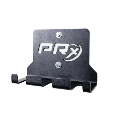 A black wall-mounted PRx Hanging Barbell Storage with a scratch-resistant powder coat.